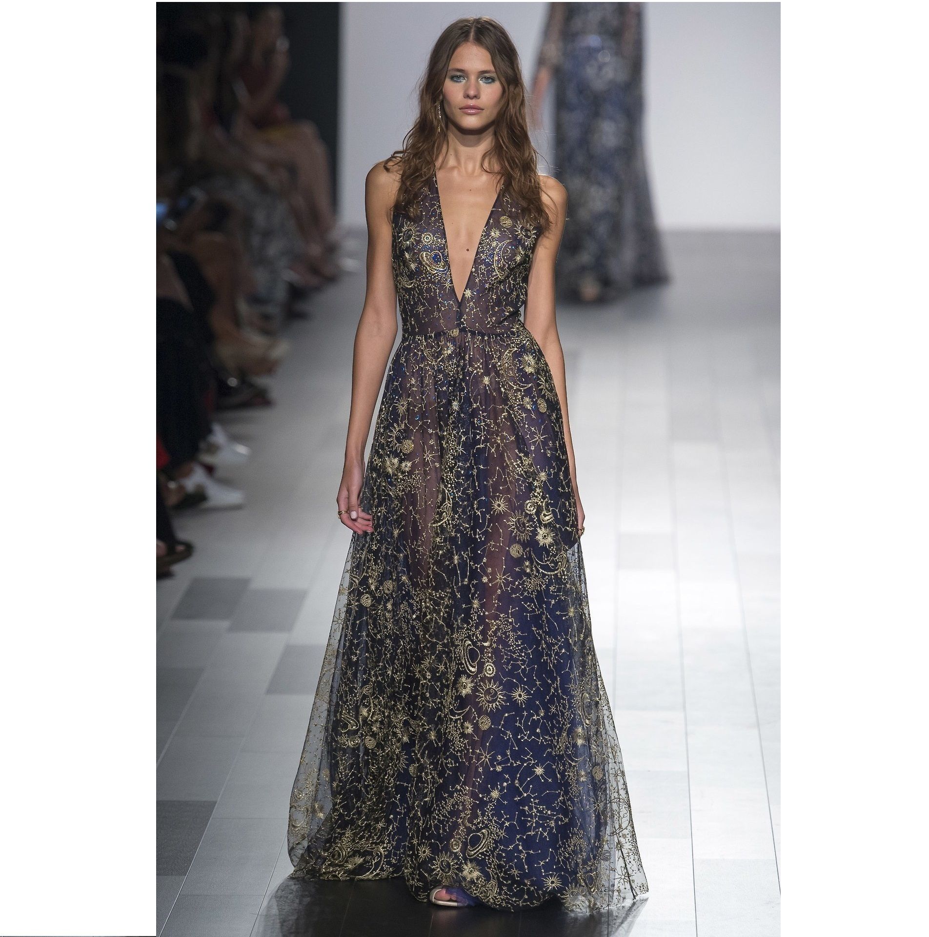 TADASHI SHOJI◇天体刺繍ゴールド◇ネイビーチュールドレスV開き TADASHI SHOJI◇天体刺繍ゴールド◇ネイビーチュールドレスV開き