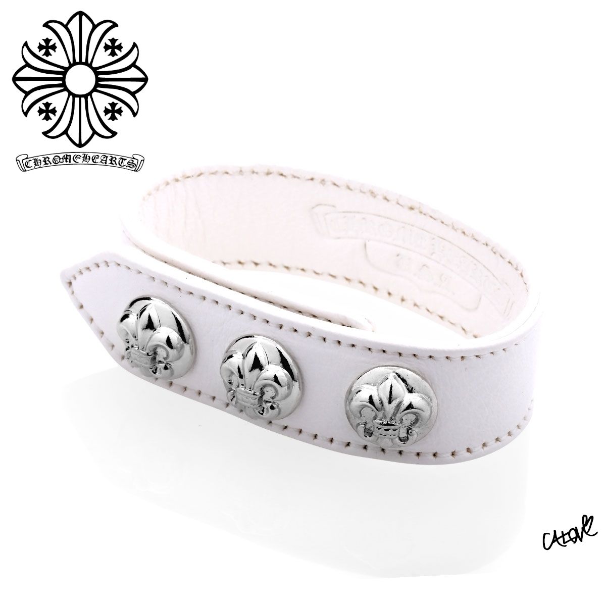 ☆クロムハーツ【BSフレア/3ボタン2スナップ】◇レザーブレスレット・WHT 購入正規品 クロムハーツ レザーブレスレット BSフレア 3ボタン2スナップ インボイス原本 ブレスレット