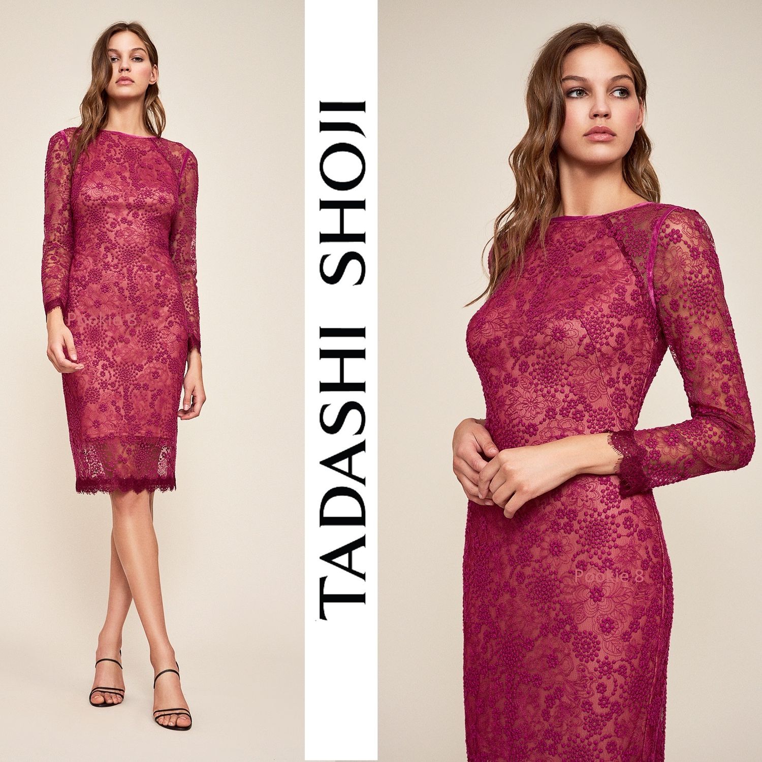 Tadashi Shoji レース赤系パーティードレスシアー長袖 Tadashi Shoji パーティードレス Buyma