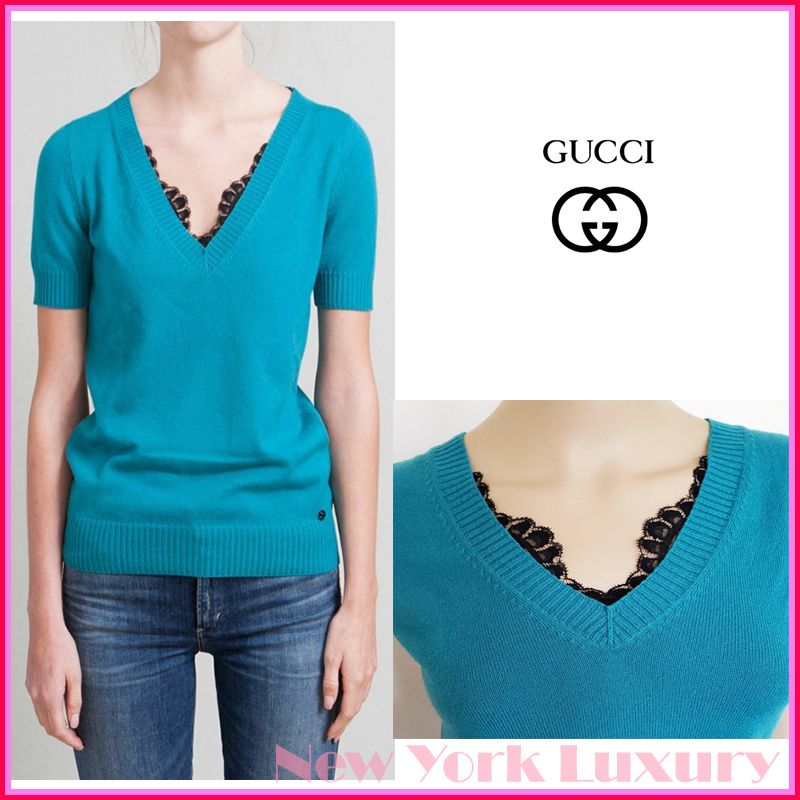 GUCCI☆グッチ☆素敵!V-Neck Sweater Top Lace Detail Aqua (GUCCI ...