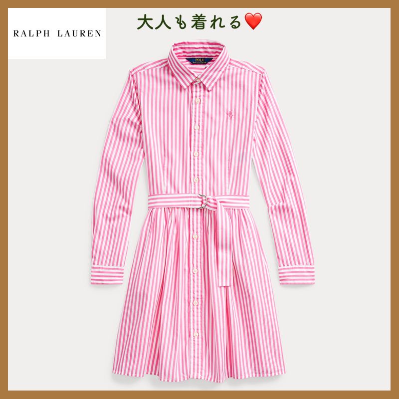 とあります】 POLO RALPH LAUREN - ポロラルフローレン // ピンク 新品セール・送料無料 新品タグ付き ポロラルフローレン ロゴ刺繍 シャツワンピース ストライプ ピンク ひざ丈ワンピース