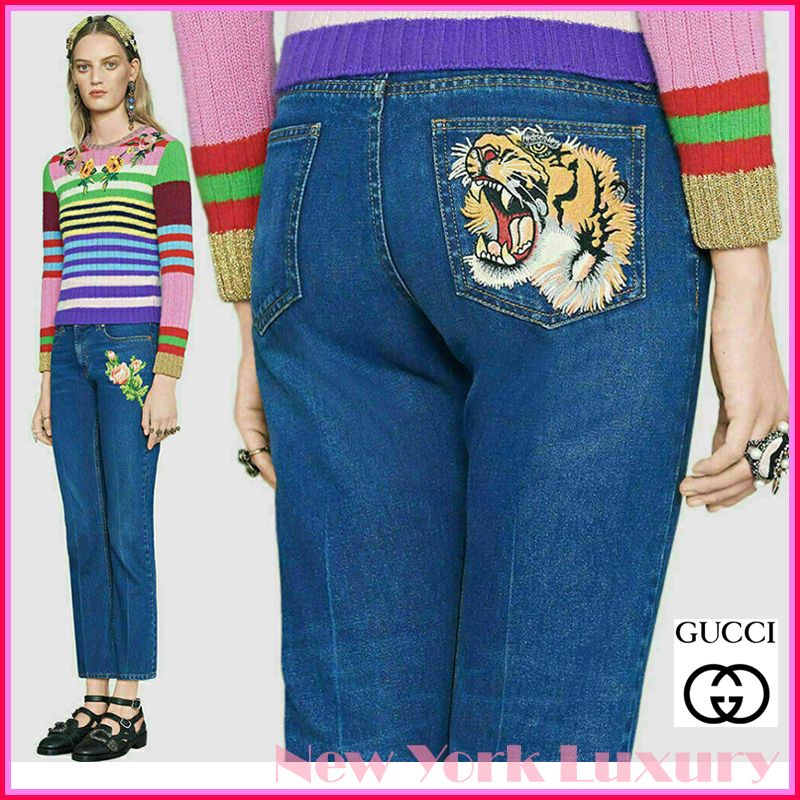 デニム・ジーパン GUCCI Women Denim Pants 797672 BLUE GUCCI - DENIM PANTS WITH LAPELS GG - Eleonora Bonucci