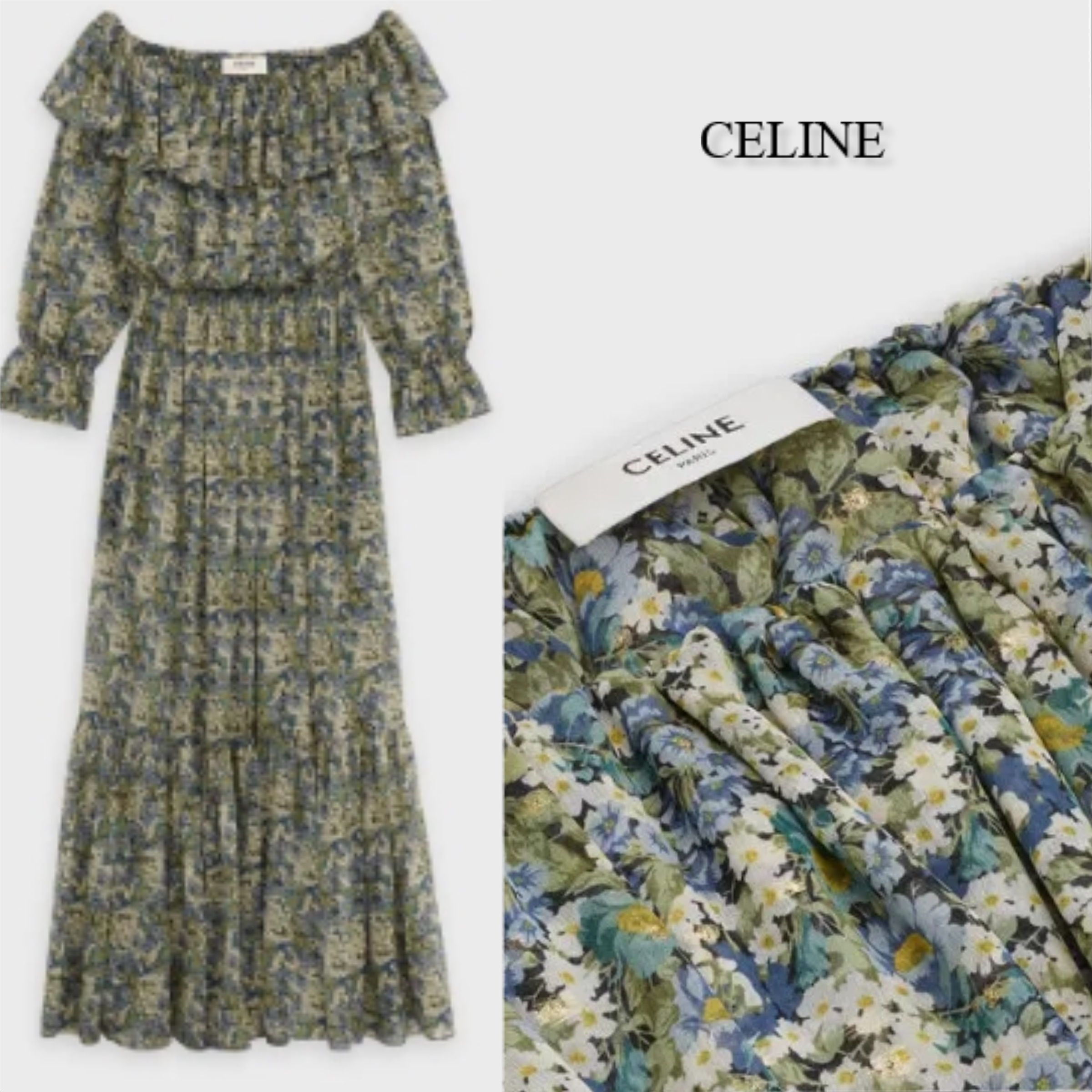 CELINE オフショルダー ドレス / プリント ラメ入り シルク