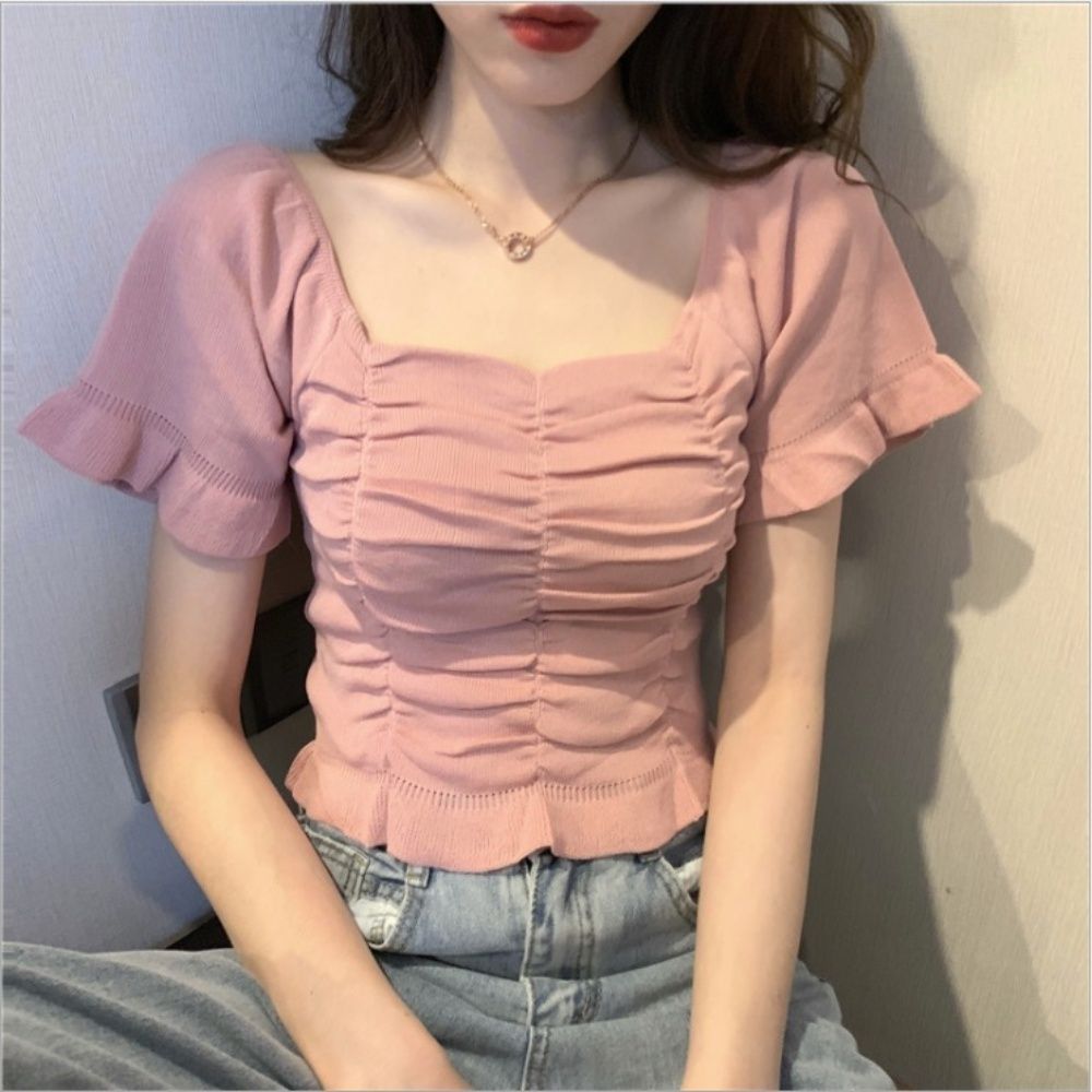 可愛い シャーリング ショート丈 トップス カットソー (Tシャツ 激安通販人気 ショート丈トップス♡ チュニック
