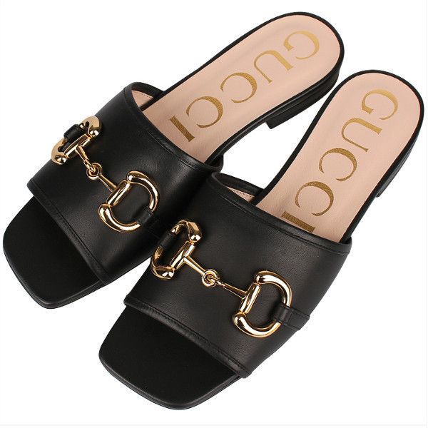 GUCCI サンダル ミュール レザー パイソン ブラック×ゴールド