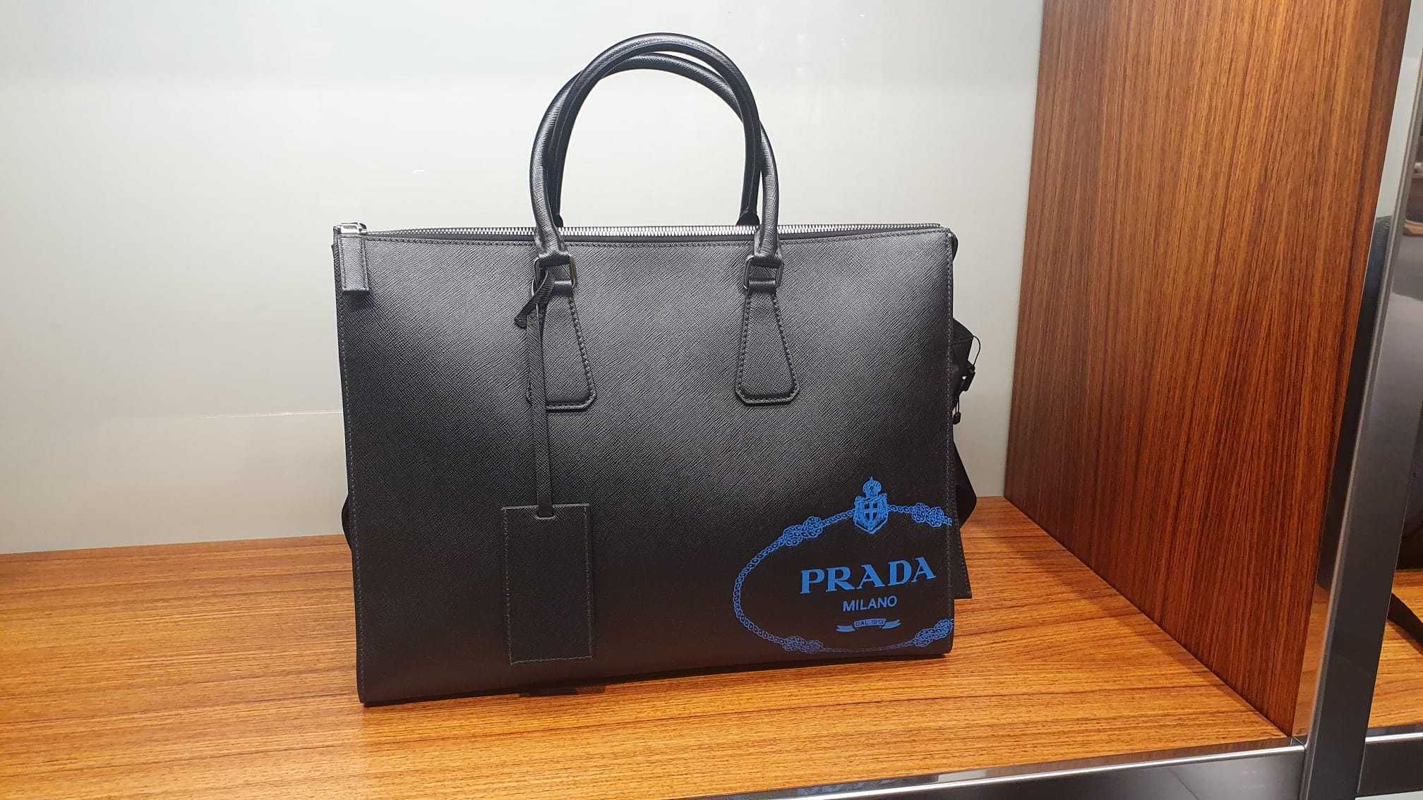 PRADAサフィアーノ☆ロゴメンズブリーフケース☆ブルー (PRADA ...