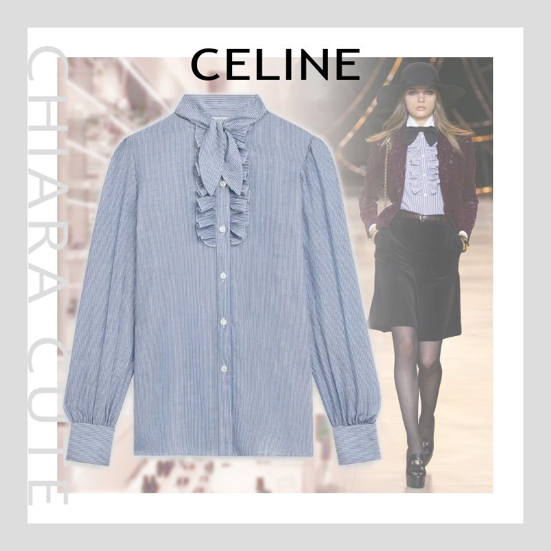 【20AW NEW】CELINE_women /ストライプジャボ付きブラウス/青白 【20AW NEW】CELINE_women /ストライプジャボ付きブラウス/青白
