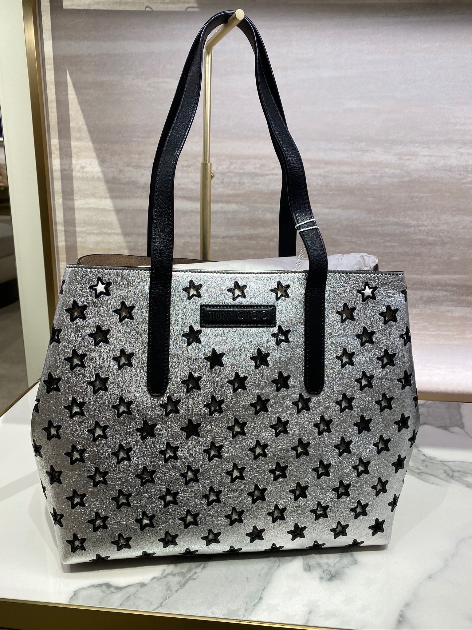 JIMMY CHOO SOFIA/M シルバー スタースタッズ A4トートバッグ
