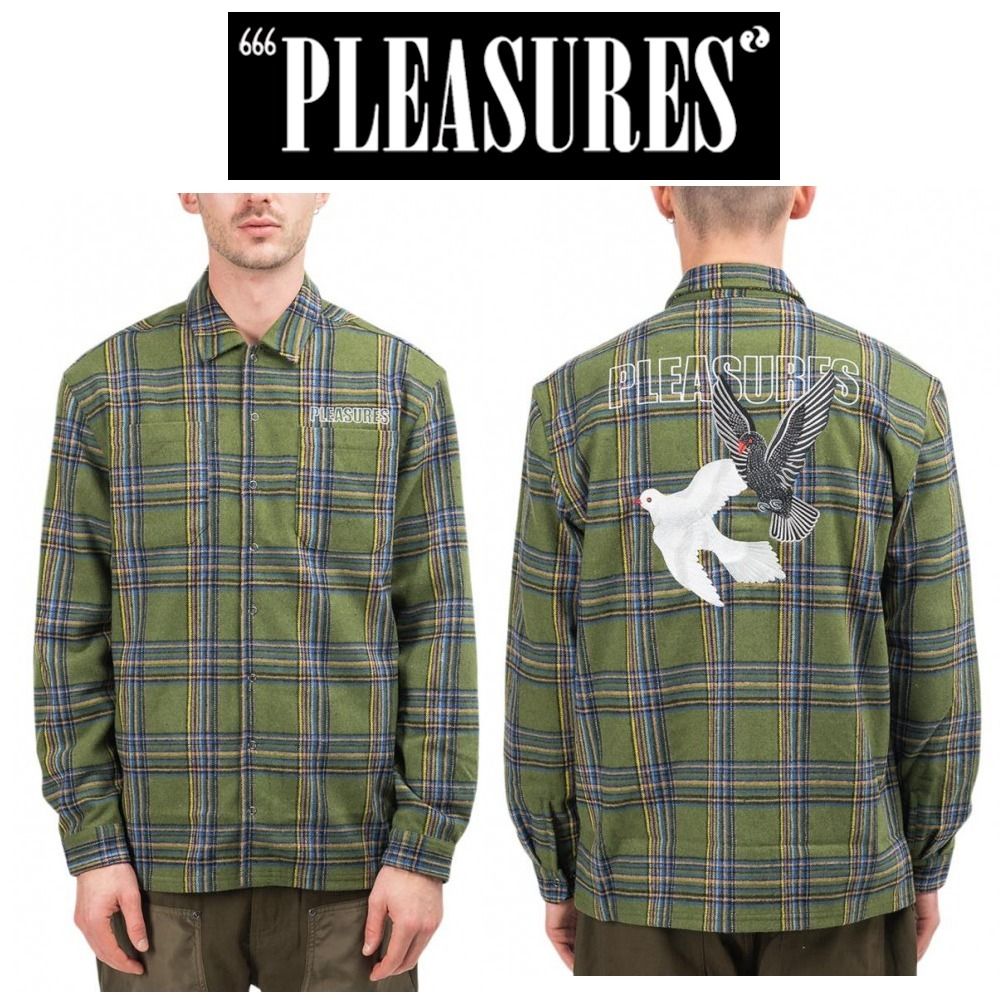 Pleasures】LA発☆新鋭ストリート!刺繍 ロゴ ネルシャツ (PLEASURES 生産停止 PLEASURES シャツ フランネル サーフィン シャツ