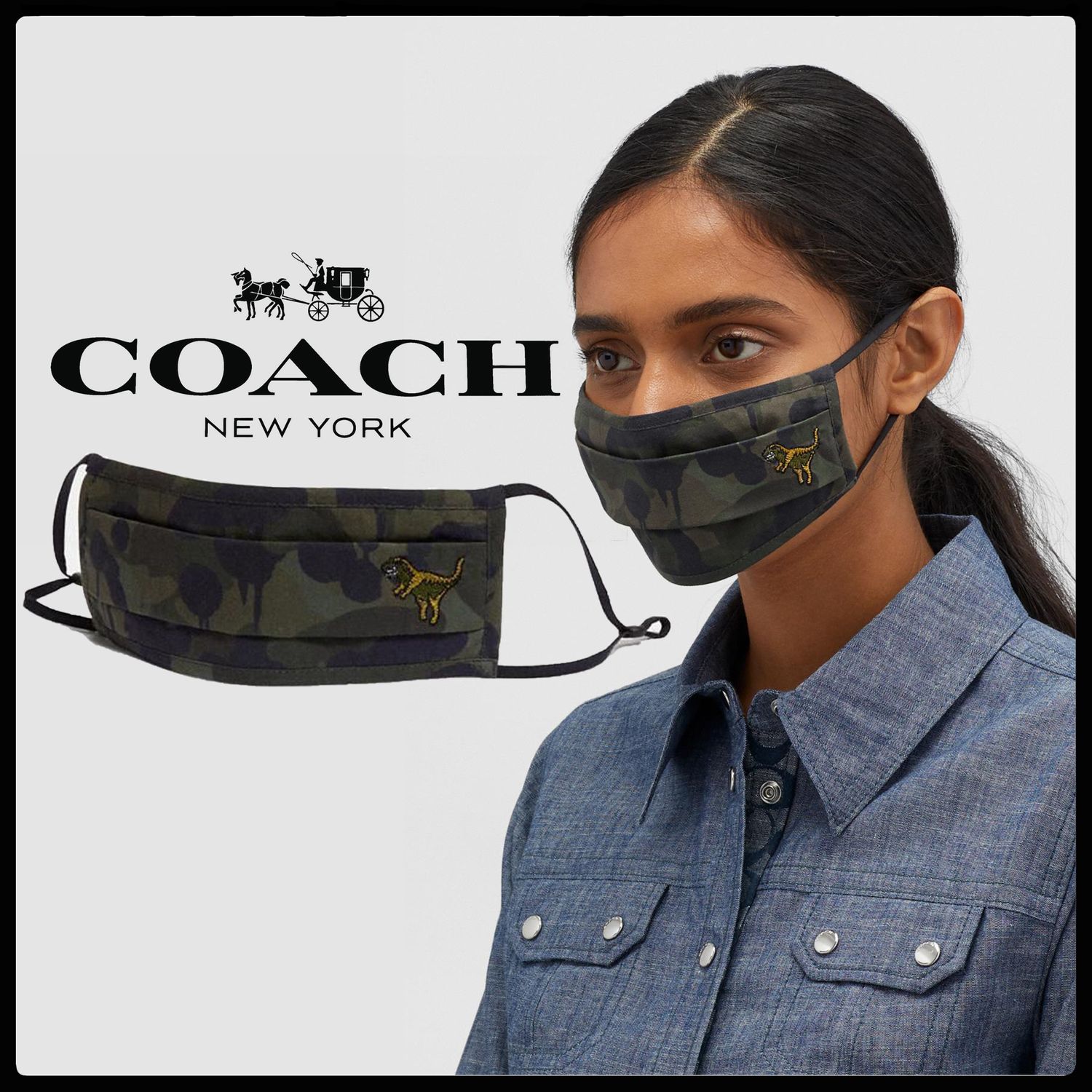 全5色☆COACH大人気Rexy迷彩柄繰り返し使えるフェイスマスク恐竜 