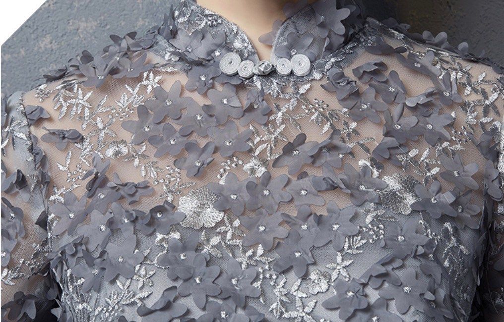 パーティドレス ハイネック フラワー 刺繍 七分袖 ロング フレア パーティドレス ハイネック フラワー 刺繍 七分袖 ロング フレア