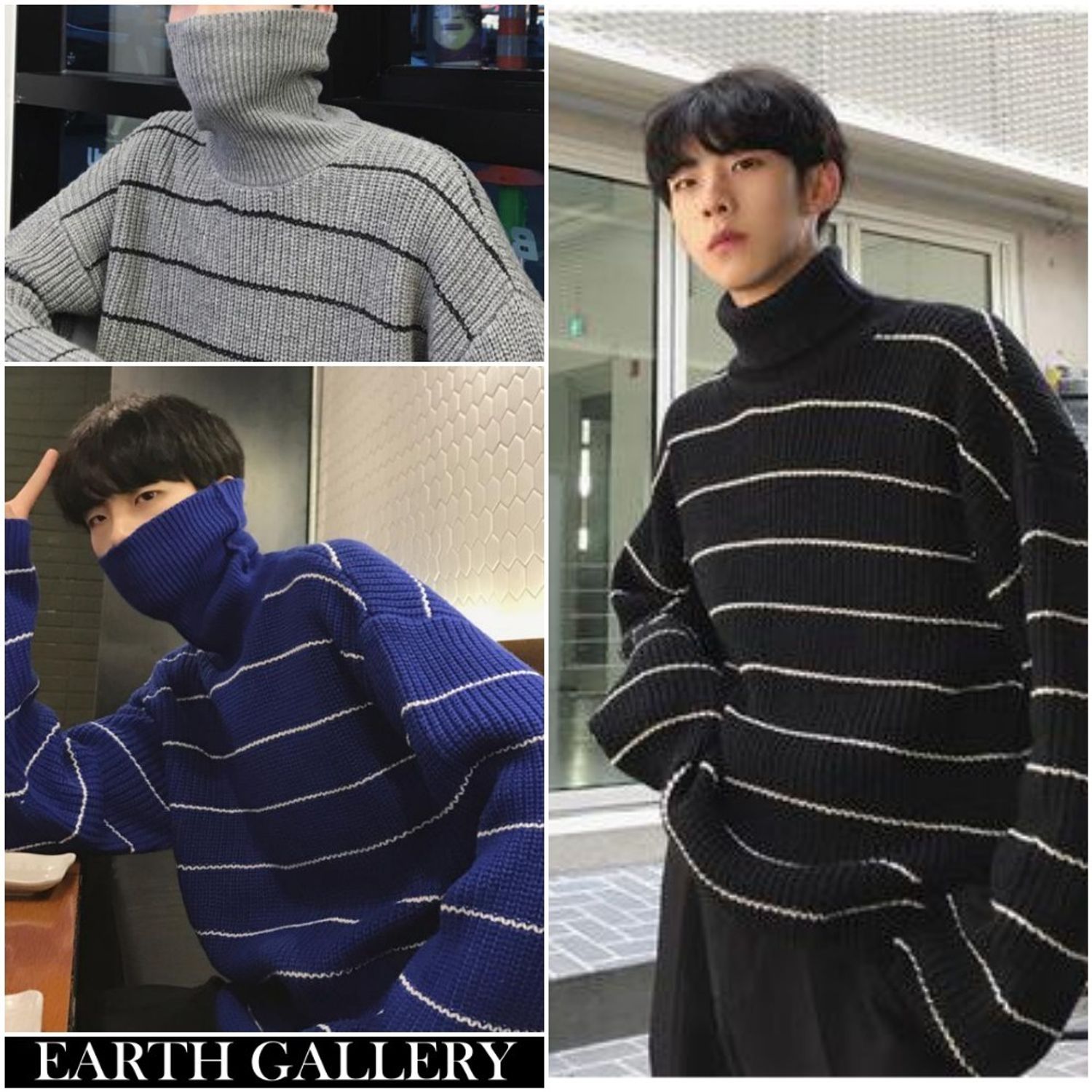 メンズ ニット セーター ボーダー柄 タートルネック 韓国 ニット セーター Buyma