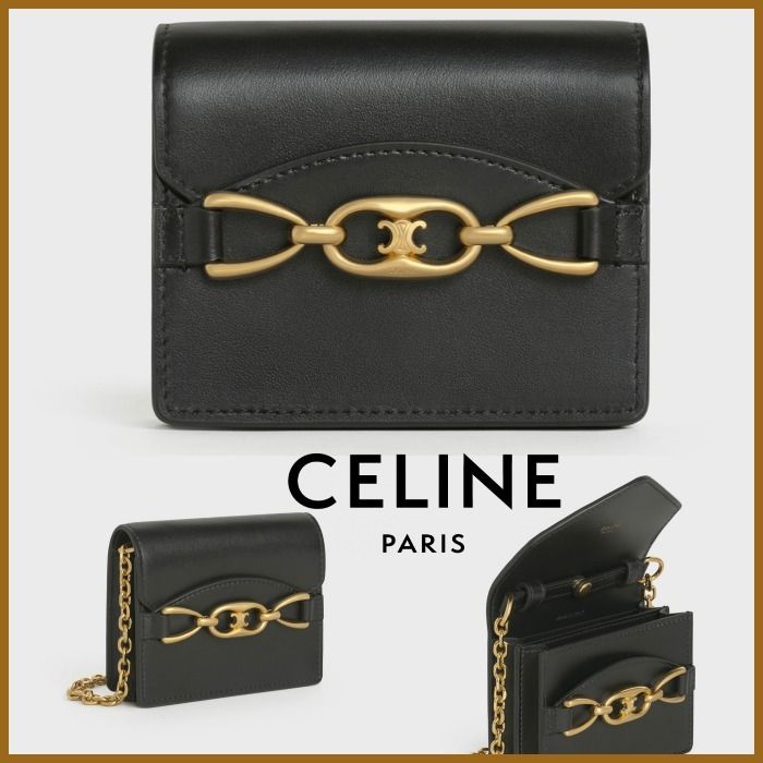 CELINE☆チェーン付きカードホルダー 大人ぽい 直営店舗買付 (CELINE 惑星科学者 クロエ カードホルダー 名刺入 ゴールド 直営店買付 新品 高級感 名刺入れ/定期入れ