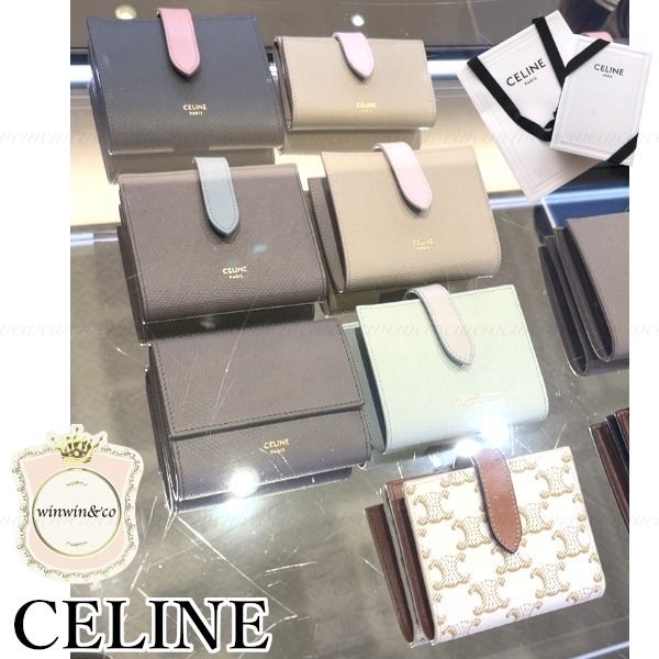 CELINE(セリーヌ) スモール ストラップウォレット コンパクト財布 バイカラー ミニ財布 カーフスキン ペプル/ミネラル グレー  ライトブルー水色 ゴールド金具 10H263BRU.10PI レディース 40802100217【中古】【アラモード】【fuyu】