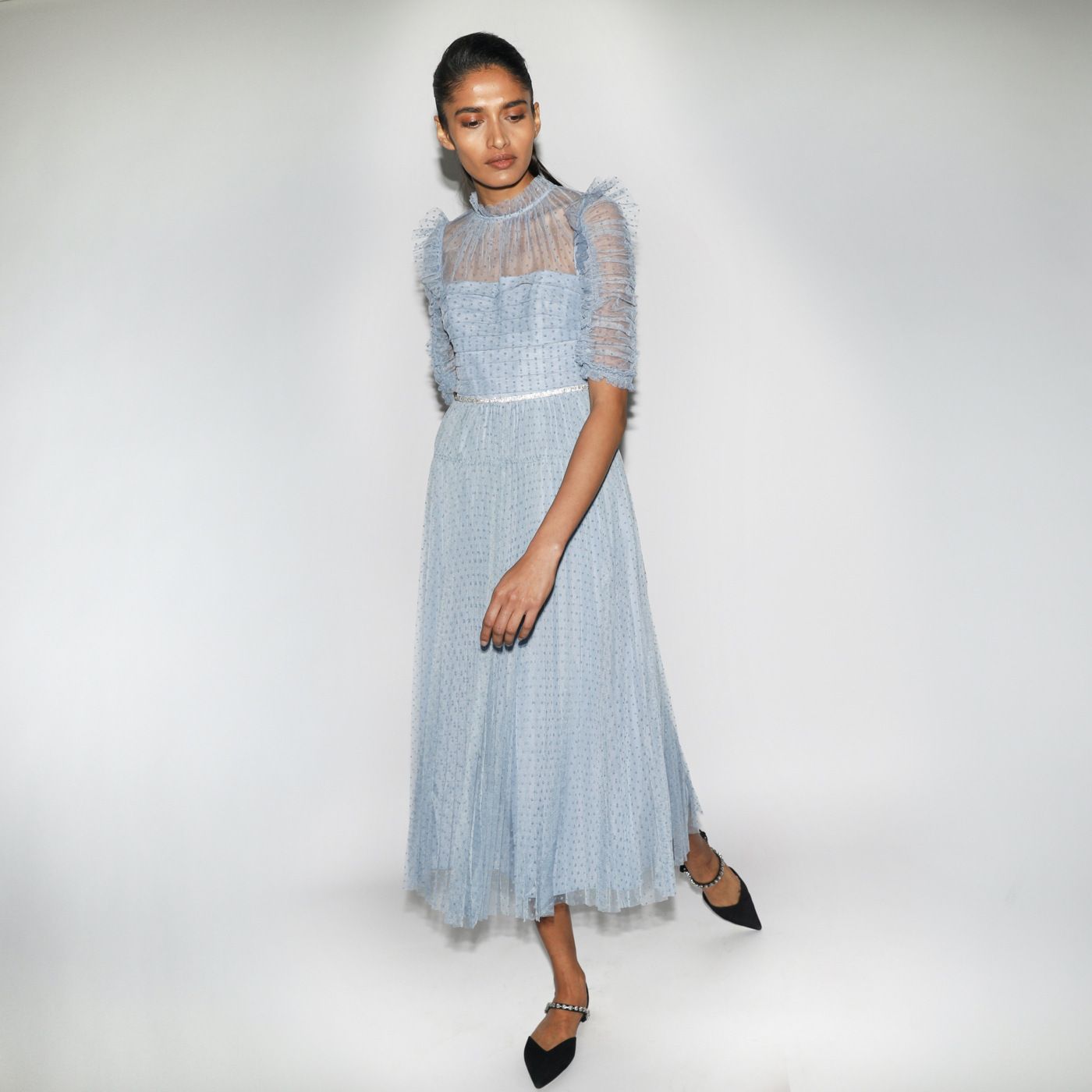 New!! Self-portrait Dot Mesh Trim Midi Dress (SELF PORTRAIT New!! Self-portrait Dot Mesh Trim Midi Dress (SELF PORTRAIT