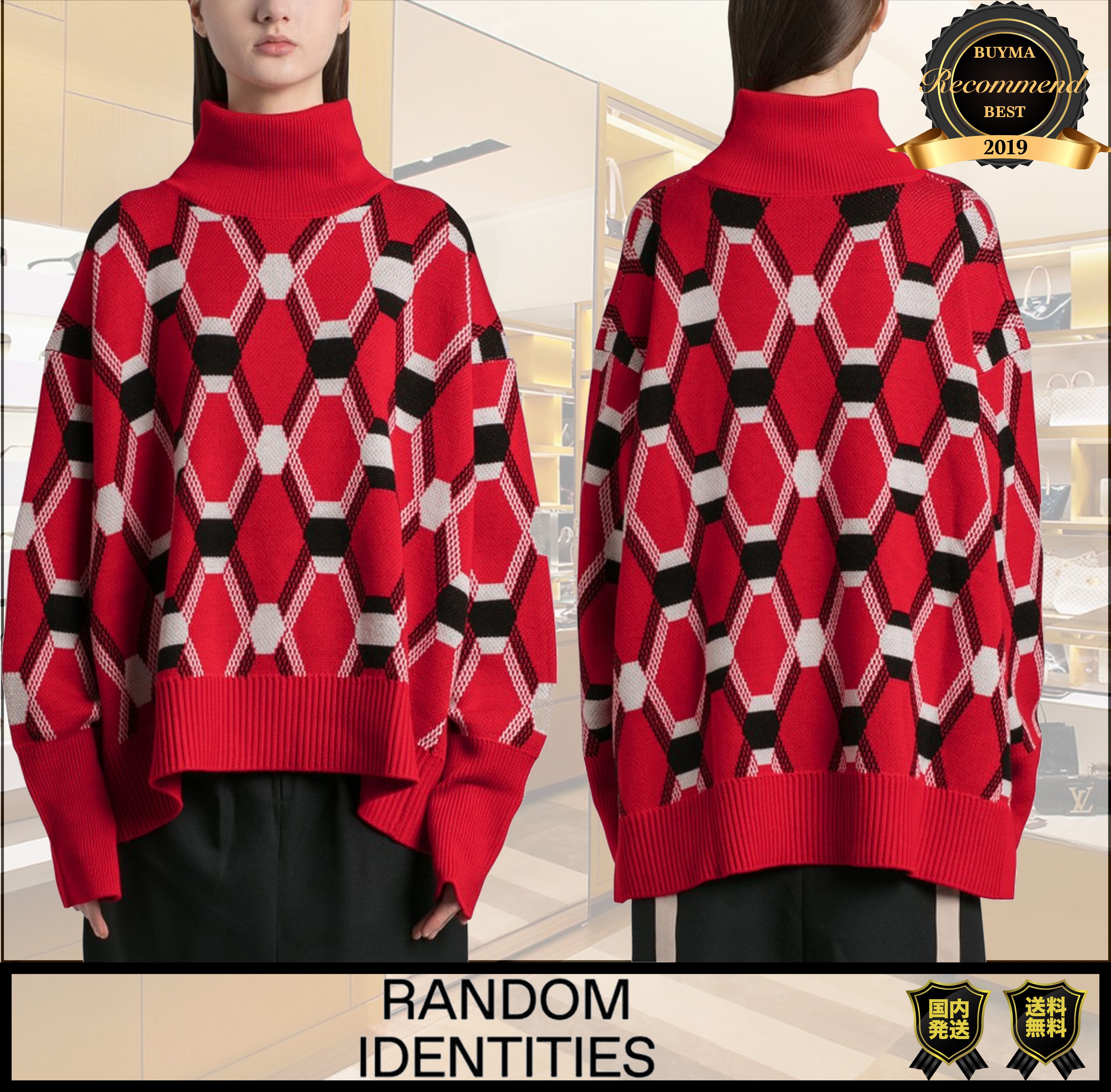 残少 RANDOM IDENTITIES ジャカードニット ウール レッド (RANDOM メーカー取寄せ RANDOM タートルネックセーター IDENTITIES ニット/セーター