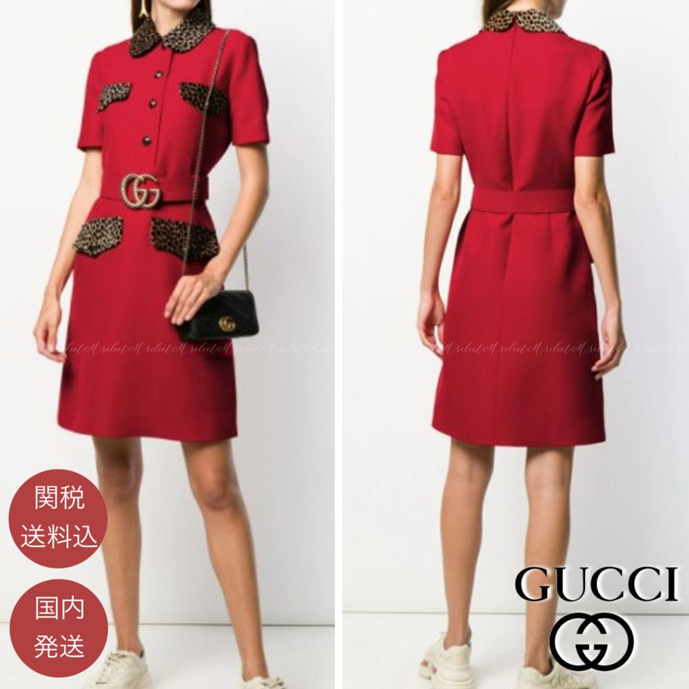希少☆【GUCCI】レオパ 丸襟 レッド ワンピース GGベルト付 (GUCCI ...