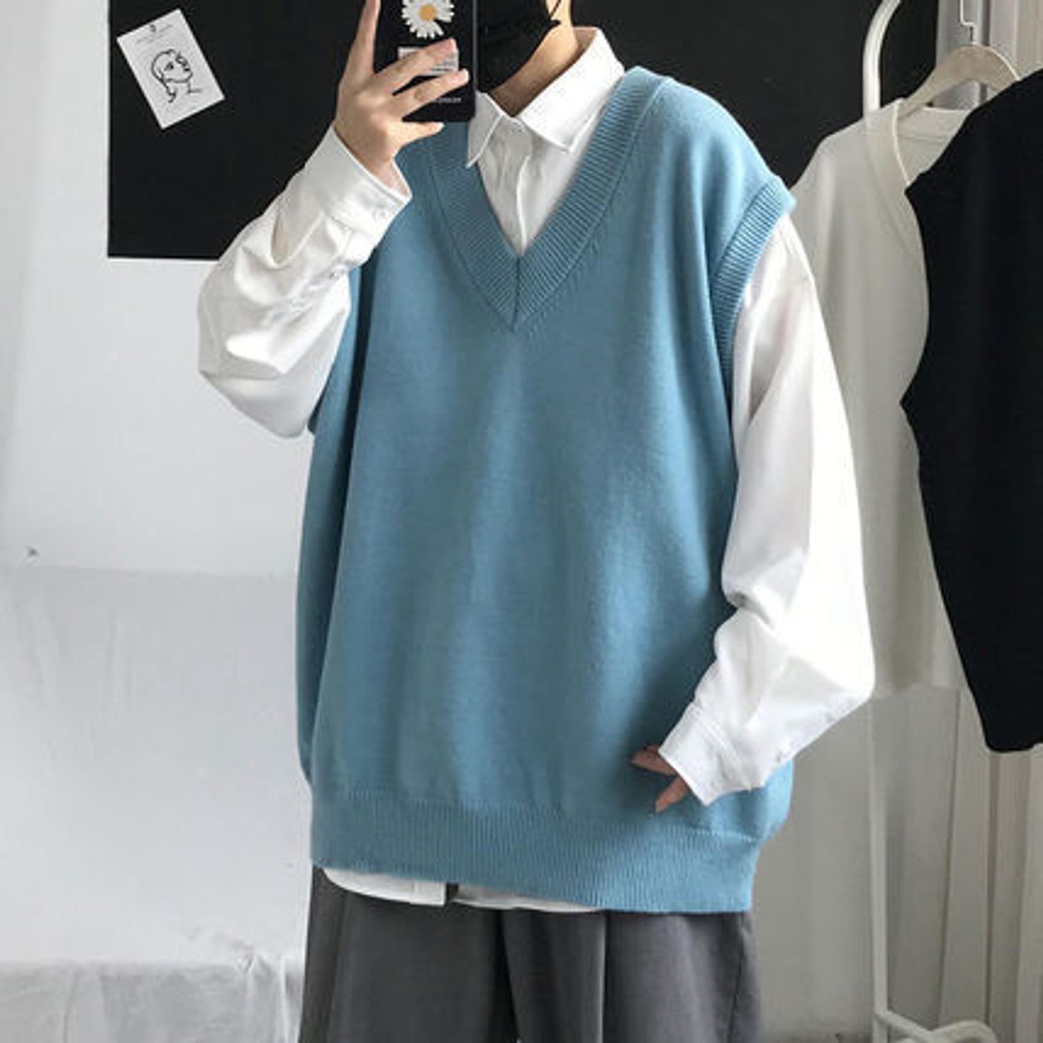 メンズ ニットベスト オーバーサイズ Vネック 韓国ファッション ベスト ジレ Buyma