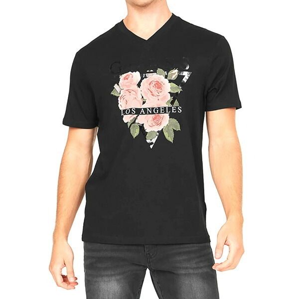 ゲス GUESS Tシャツ 半袖 Vネック花柄 ロゴ メンズ アメカジ (Guess/T