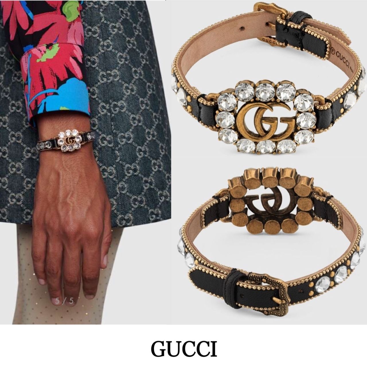 GUCCI】GGロゴ☆クリスタル付きレザーベルトブレスレット☆黒 (GUCCI GUCCI】GGロゴ☆クリスタル付きレザーベルトブレスレット☆黒 (GUCCI