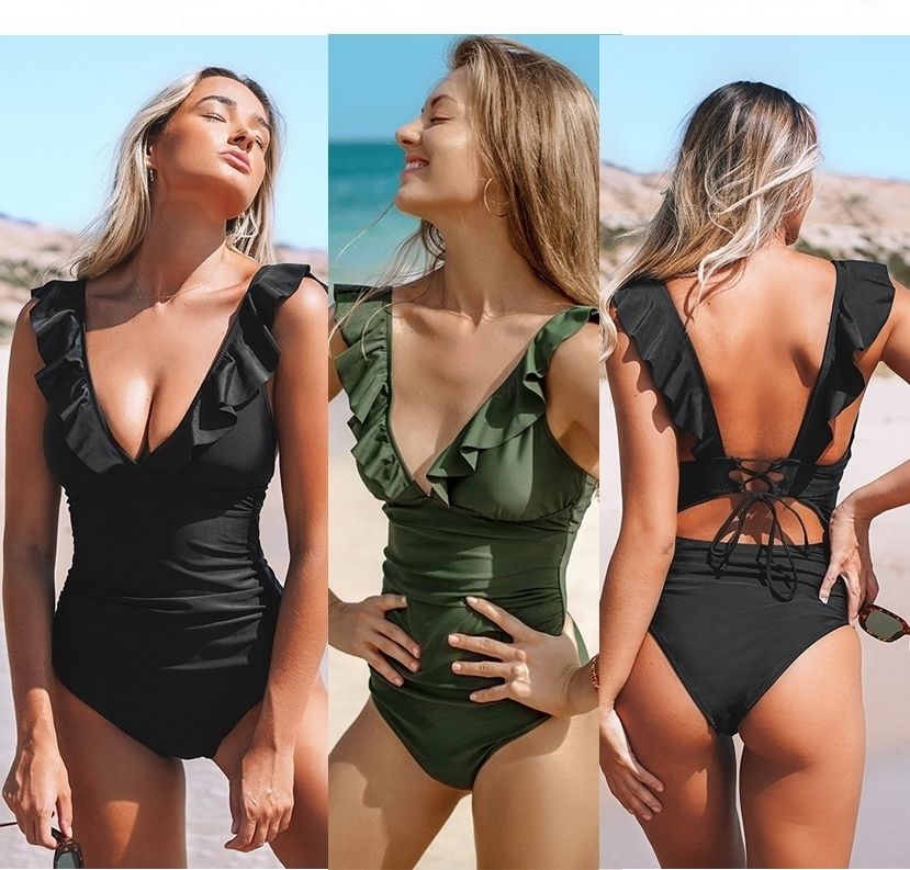 Vネックフリルバックレースアップワンピース水着 モノキニビキニ Vネックフリルバックレースアップワンピース水着 モノキニビキニ