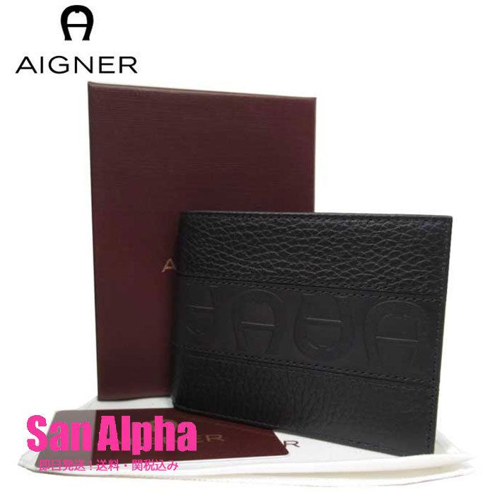 【国内即送】AIGNER 156226-007 レザー ロゴ 二つ折りスリム財布