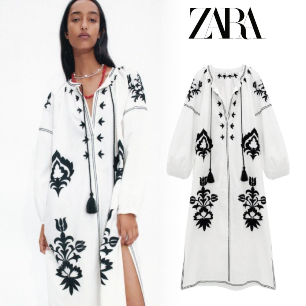 すぐ届く】ZARA☆刺繍入りミディ丈ワンピース (ZARA/ワンピース すぐ届く】ZARA☆刺繍入りミディ丈ワンピース (ZARA/ワンピース