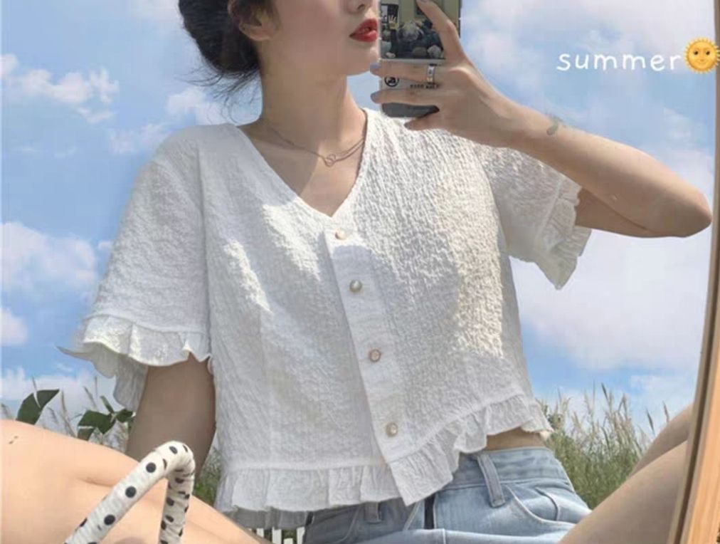 ショート丈 トップス カーディガン フリル Vネック 半袖 韓国 夏 激安通販人気 ショート丈トップス♡ チュニック