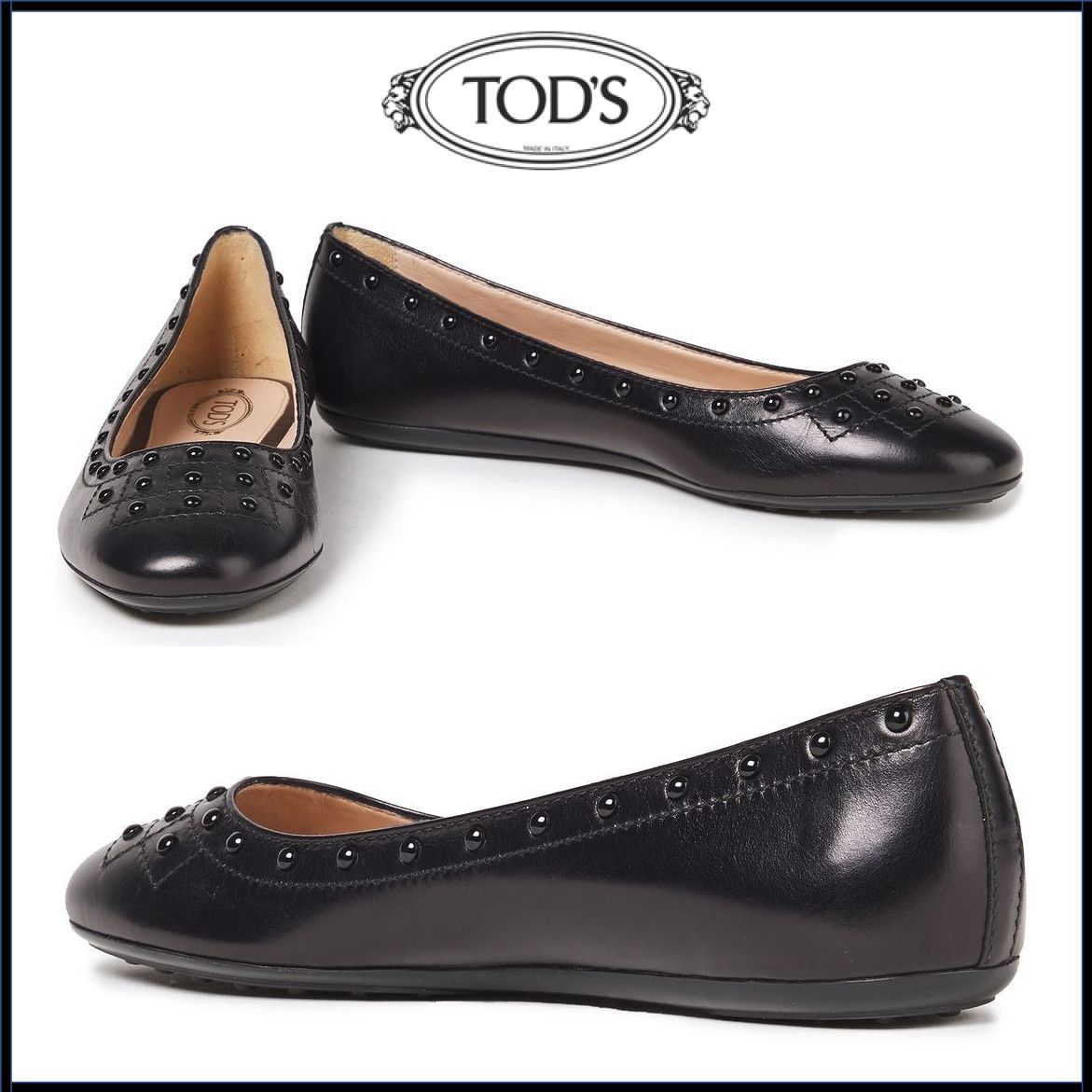国内発送☆TOD'S スタッズ付き キルティング革 バレエシューズ (TOD'S 最新人気アイテム 新品○送料込○牛革 スタッズフラットシューズ ドレスシューズ 25 ローファー ローファー/革靴