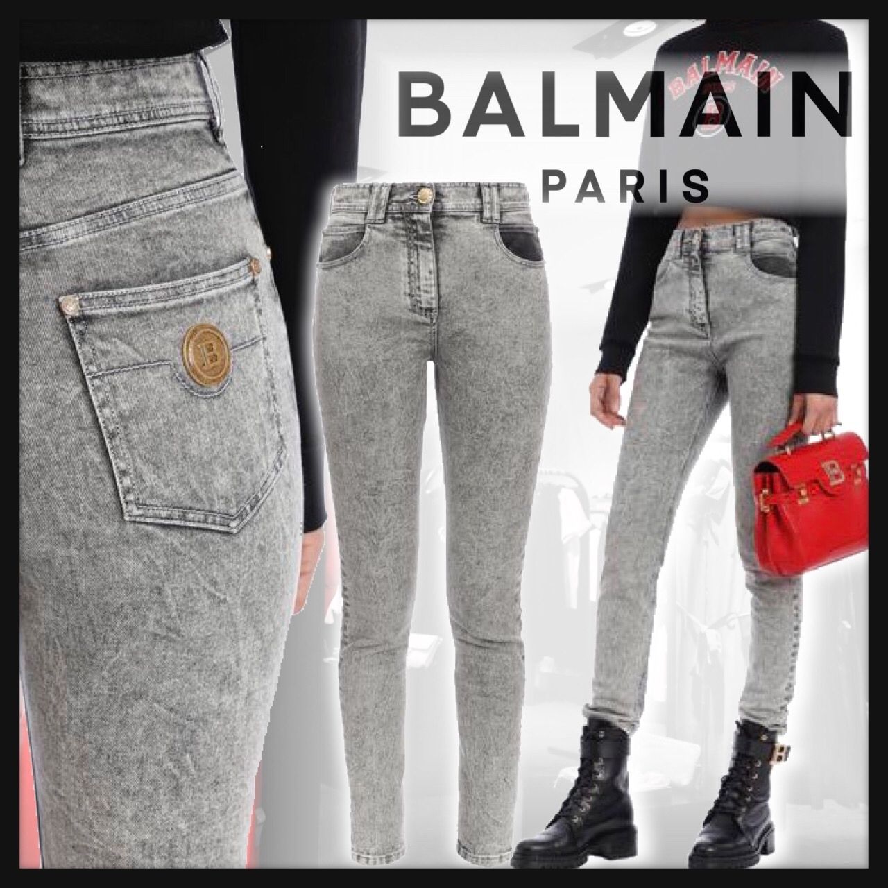 ◆BALMAIN◆ フェード効果のグレーハイウエストスキニージーンズ ◆BALMAIN◆ フェード効果のグレーハイウエストスキニージーンズ