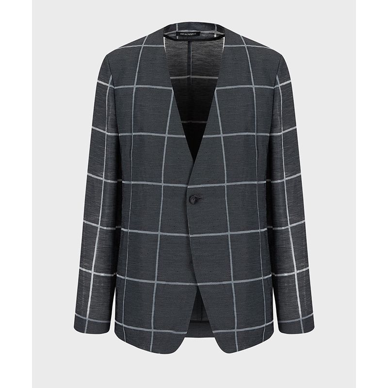 21SS】 EMPORIO ARMANI_men/ノーカラーチェックジャケット/黒 (EMPORIO 21SS】 EMPORIO ARMANI_men/ノーカラーチェックジャケット/黒 (EMPORIO