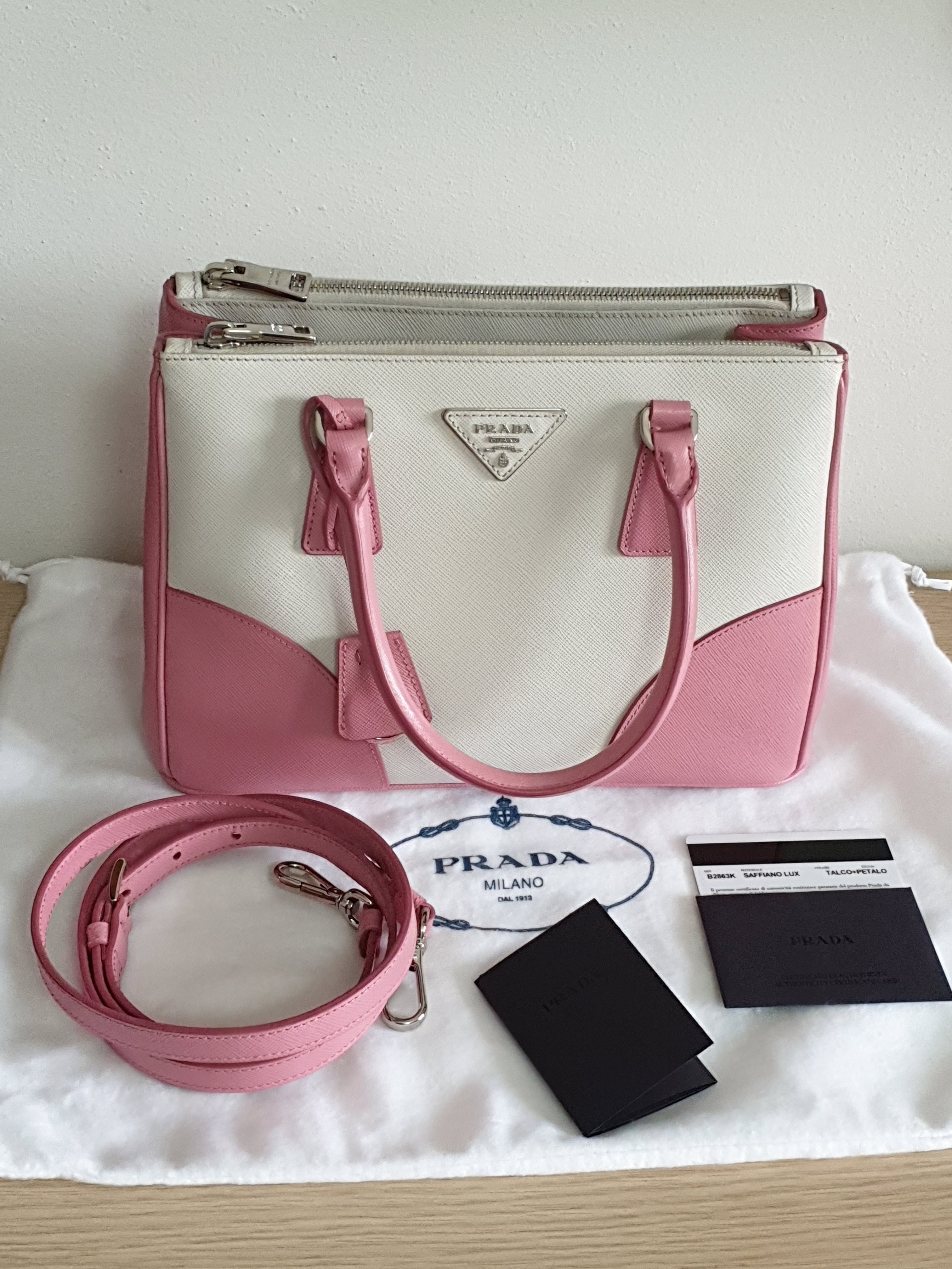 PRADAガレリアハンドバッグ2WAY☆Wファスナー☆白×ピンク (PRADA ...