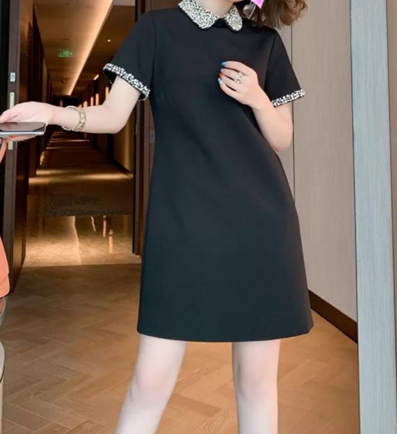 ワンピース ビジュー 襟付き 半袖 上品 Aライン フェニミン ワンピース Buyma