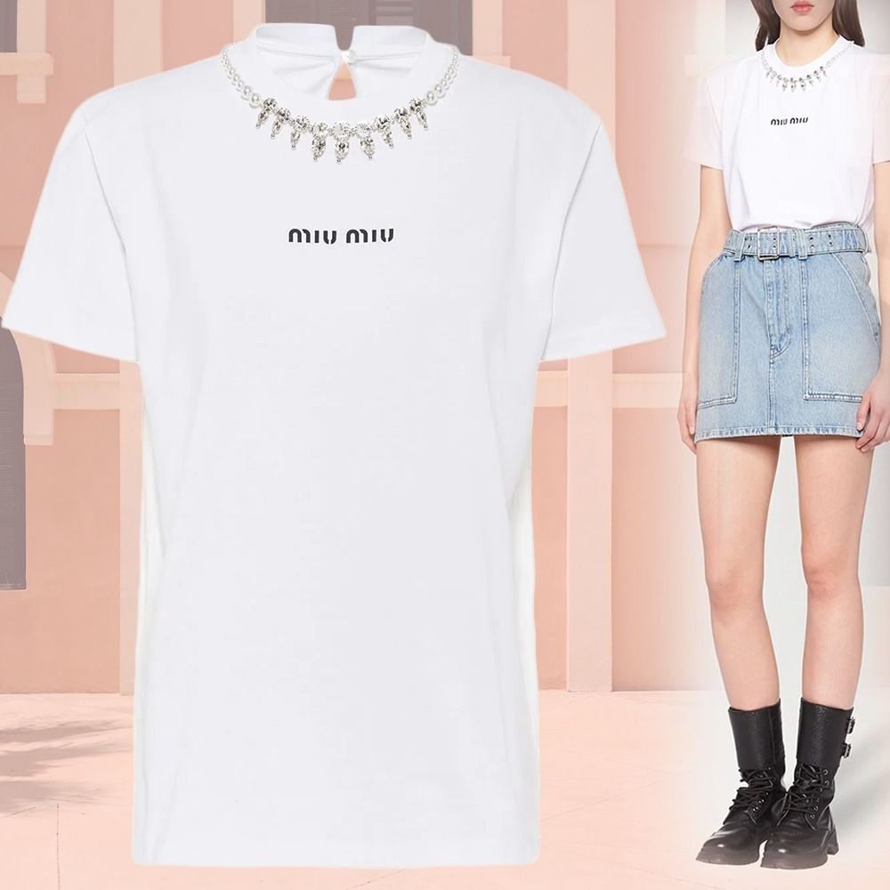 ミュウミュウ ビジュートリム Tシャツ ロゴプリント ホワイト (MiuMiu ミュウミュウ ビジュートリム Tシャツ ロゴプリント ホワイト (MiuMiu