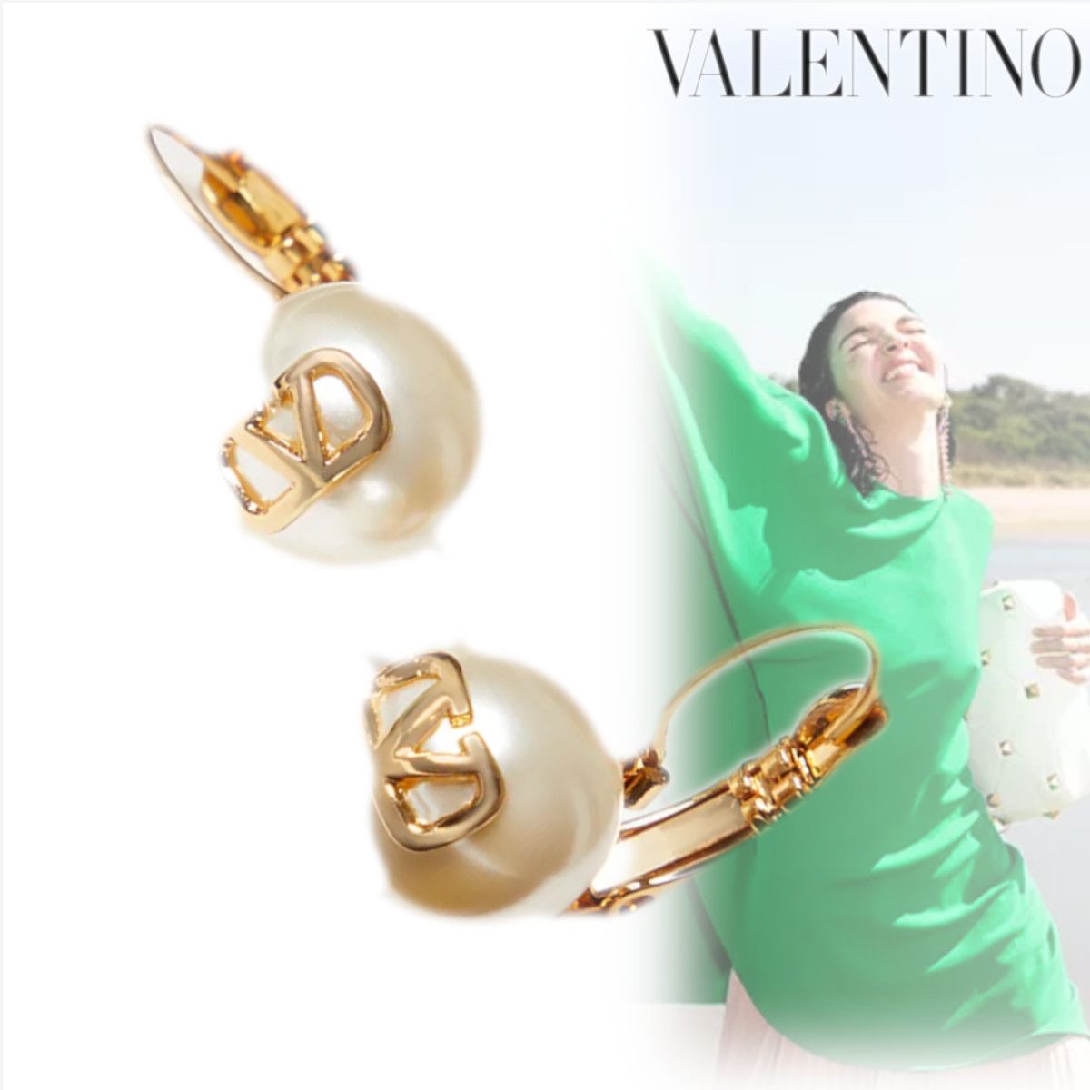 VALENTINO Vロゴ シグネチャー パール ビーズ ピアス 人気 白 VALENTINO Vロゴ シグネチャー パール ビーズ ピアス 人気 白