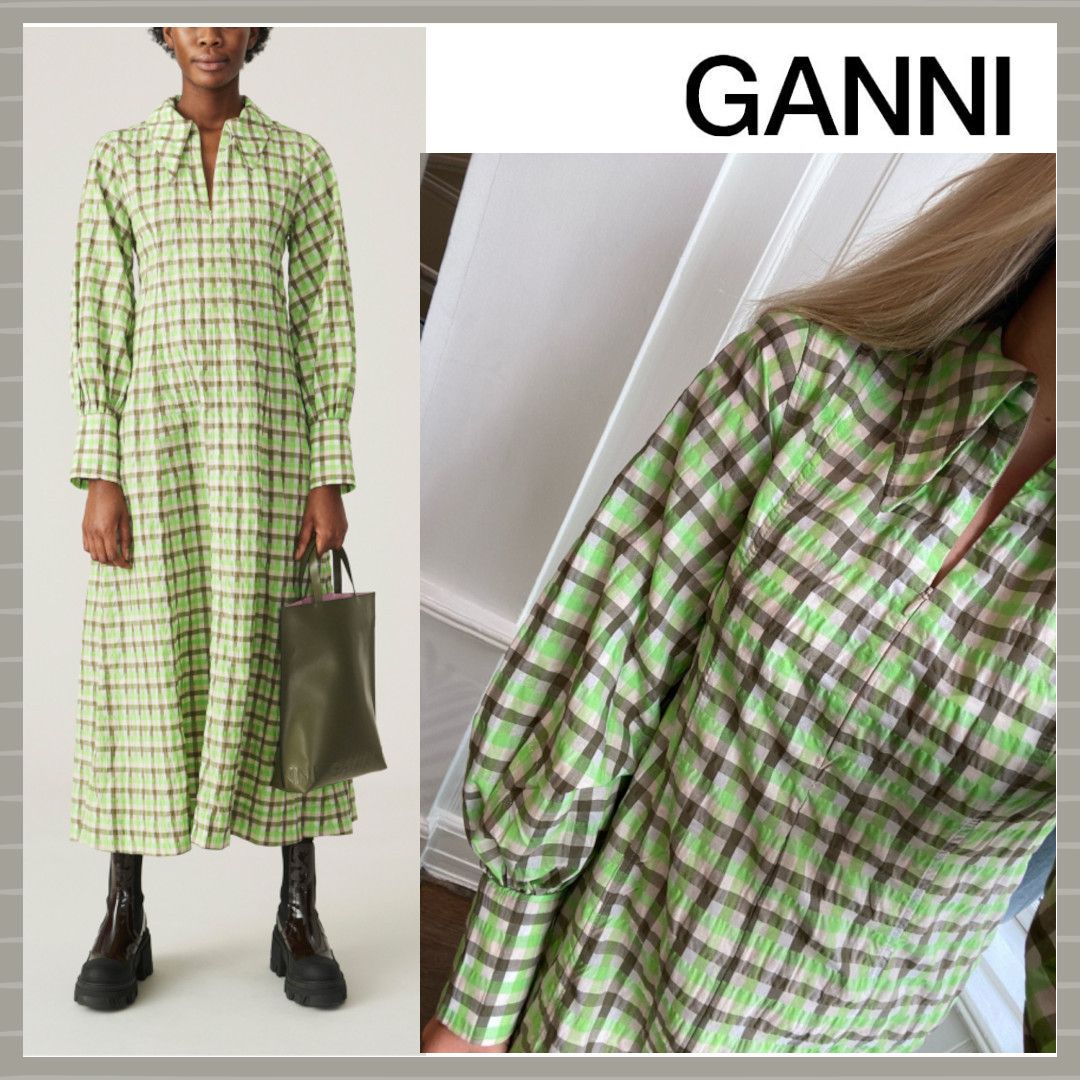 FW21☆【GANNI】シアサッカー チェック柄 マキシドレス (Ganni 正規代理店に輸入 ganni チェックワンピース ひざ丈ワンピース