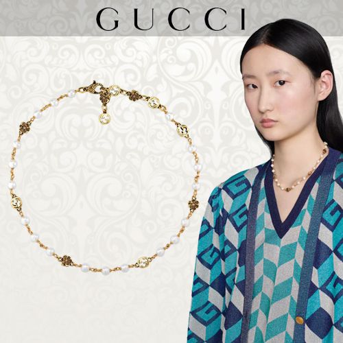 21AW GUCCIグッチ インターロッキングGフラワーパールネックレス