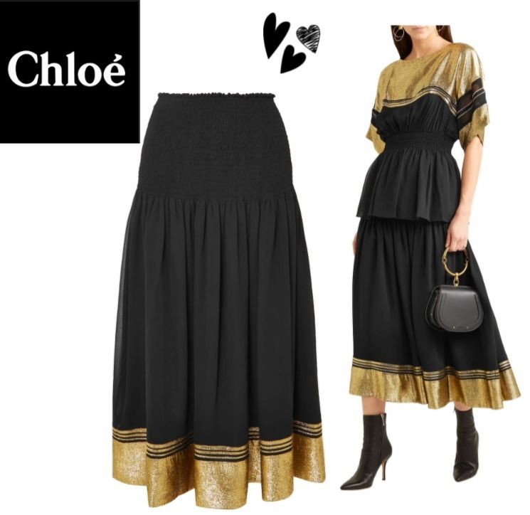 品薄/ CHLOE Shirred silk-blend chiffon and lame midi skirt (Chloe 品薄/ CHLOE Shirred silk-blend chiffon and lame midi skirt (Chloe