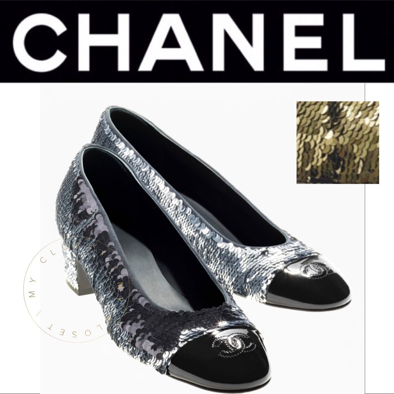 CHANEL パンプス シューズ スパンコール CC カーフ 送料込 直営 ショッピング大人気 スパンコール パンプス CHANEL サンダル