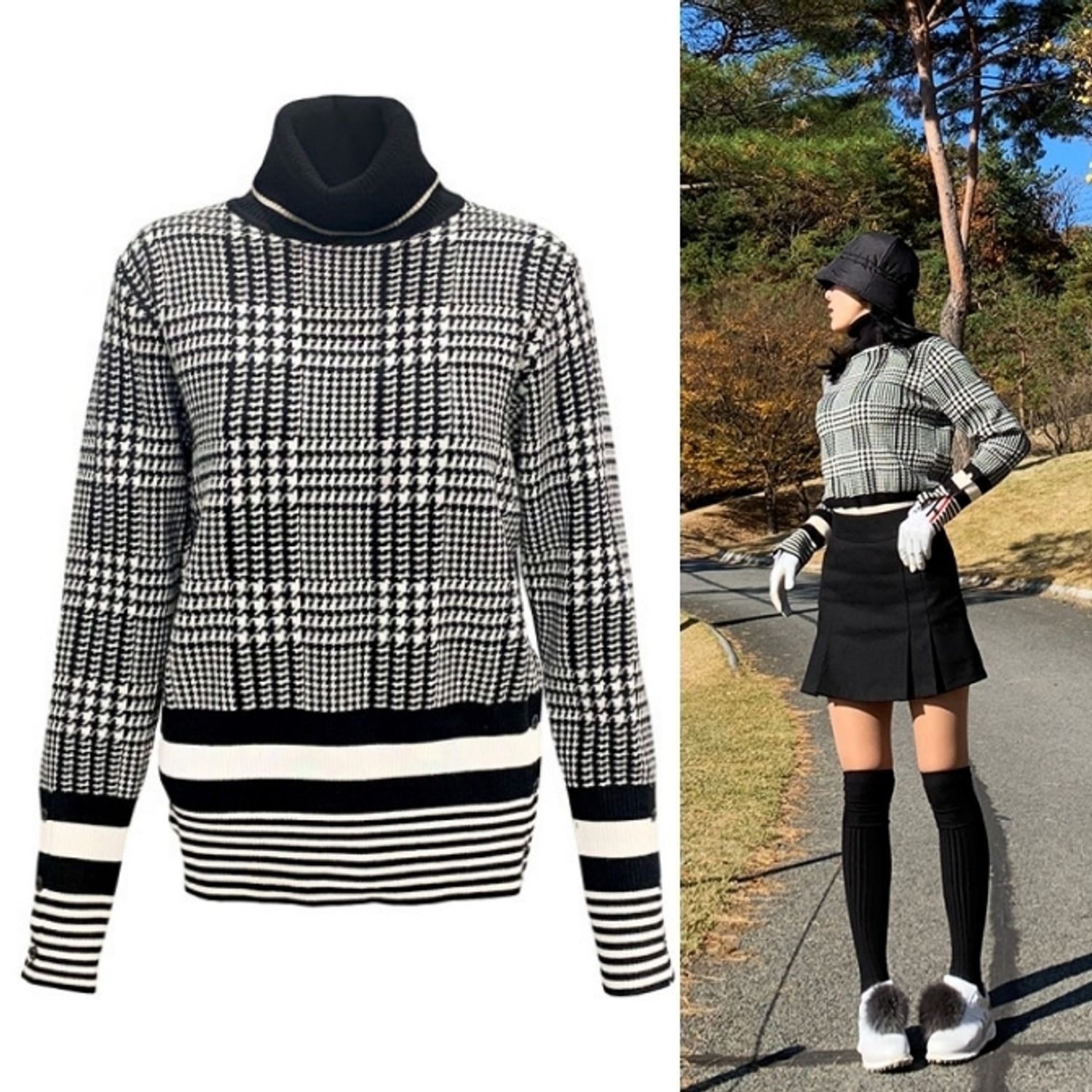 韓国 タートルネック ゴルフニット 千鳥格子柄 レディース トップス Buyma
