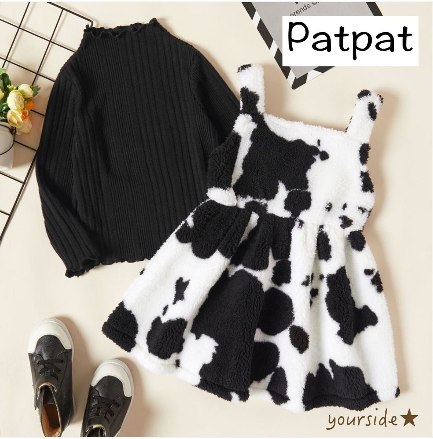 Patpat 18m 6歳 2set リブニット 牛柄ワンピース 送料込 Patpat キッズワンピース オールインワン Buyma