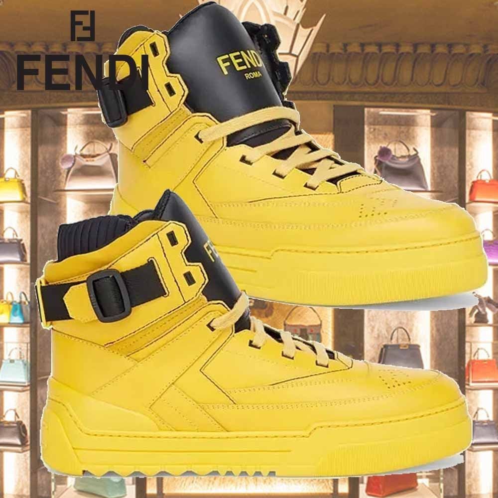新作◇FENDI◇イエロー レザー ハイトップ スニーカー (FENDI