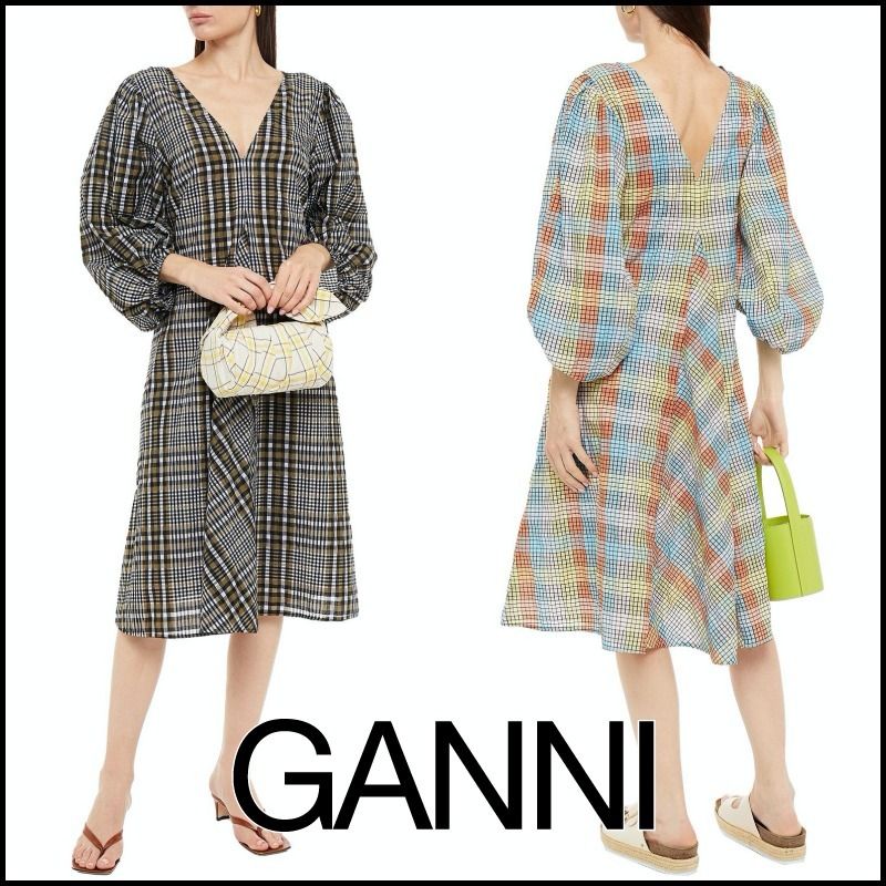 GANNI】チェックコットン混 シアサッカー ミディ ワンピース (Ganni 正規代理店に輸入 ganni チェックワンピース ひざ丈ワンピース