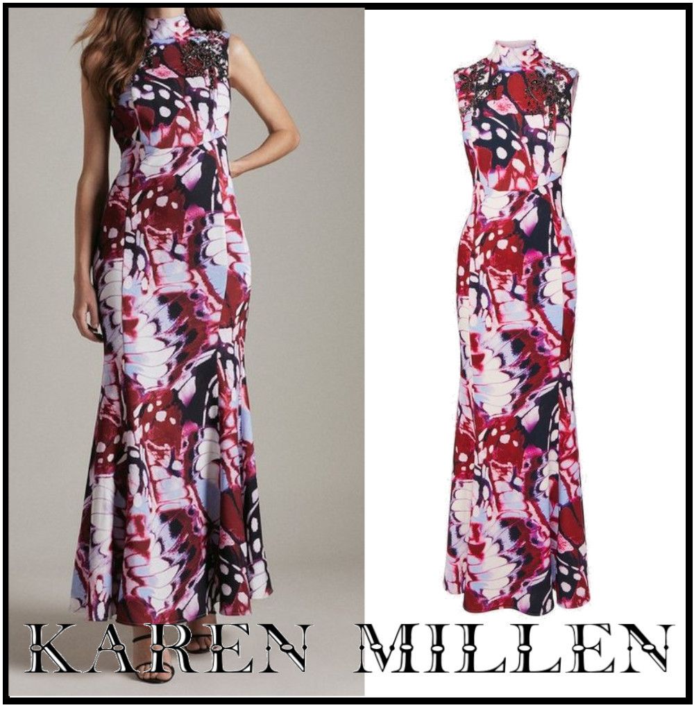 KAREN MILLEN】蝶柄クリスタルバックオープンドレス 関税込 (Karen KAREN MILLEN】蝶柄クリスタルバックオープンドレス 関税込 (Karen