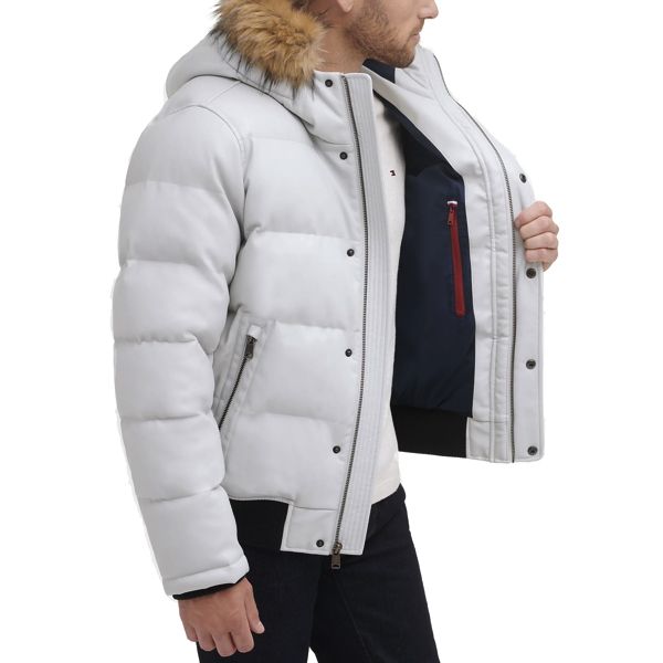 新作!!トミーヒルフィガー レザー風 ファー付 ダウンジャケット (Tommy