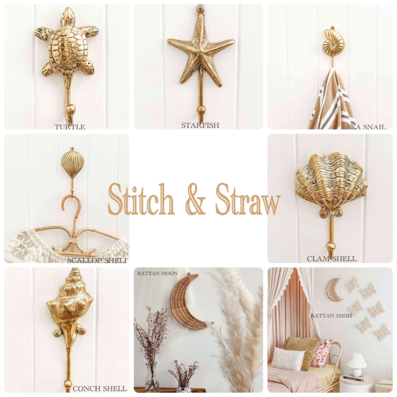 人気 Stitch Straw 真鍮 籐 壁フック 壁飾り 貝殻 月 Stitch Straw 棚 ラック 収納 Buyma