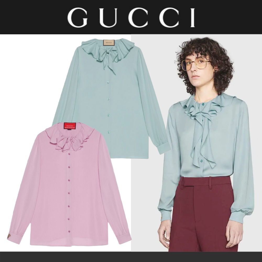 21AW 日本未入荷 グッチ シルク フリルブラウス ビーモチーフ (GUCCI 販売買取 GUCCI ブラウス シャツ/ブラウス(半袖/袖なし)