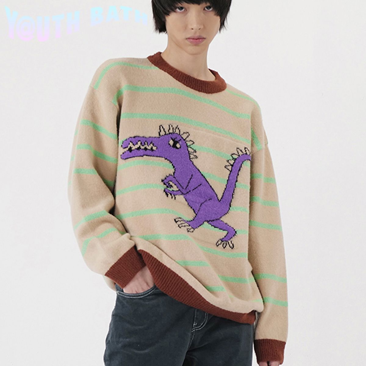 ☆YOUTHBATH☆DINOSAUR STRIPE KNIT WEAR_BEIGE☆正規品/人気 ☆YOUTHBATH☆DINOSAUR STRIPE KNIT WEAR_BEIGE☆正規品/人気