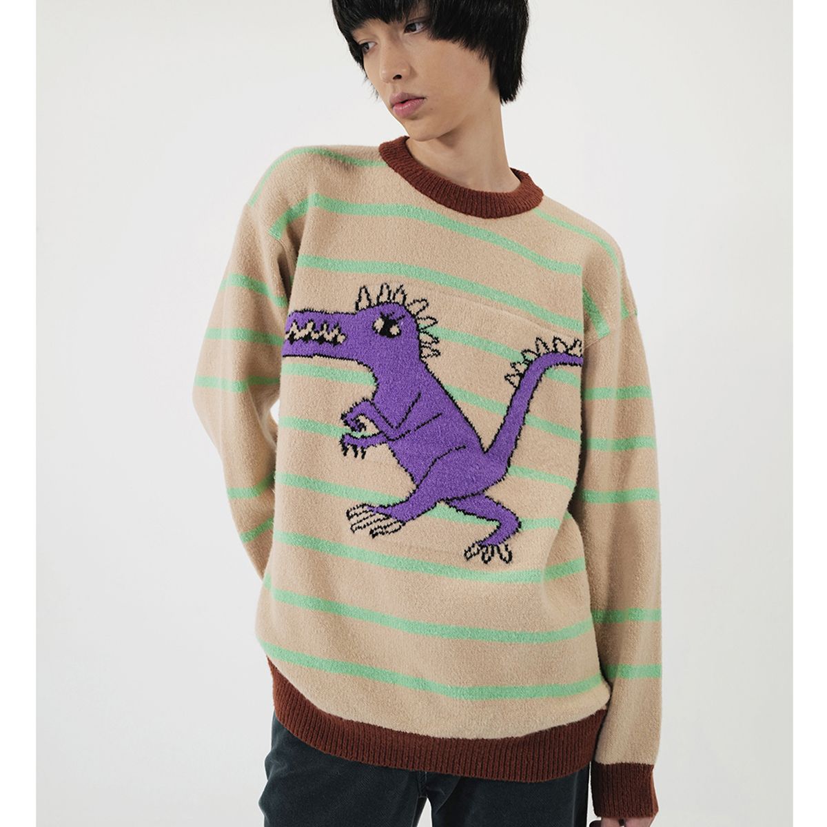 ☆YOUTHBATH☆DINOSAUR STRIPE KNIT WEAR_BEIGE☆正規品/人気 ☆YOUTHBATH☆DINOSAUR STRIPE KNIT WEAR_BEIGE☆正規品/人気