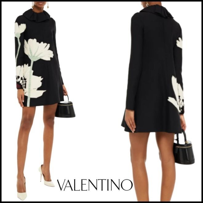 国内発送【VALENTINO】フラワー装飾 ウール&シルク ミニドレス